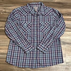 Wrangler Wrancher Pearl Snap Button Up Shirt Women’s XL Blue Plaid Cotton Blend